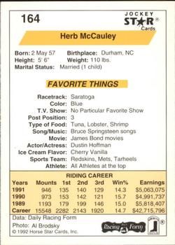 1992 Jockey Star #164 Herb McCauley Back